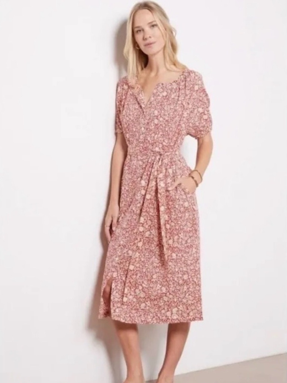 Faherty Rust and Cream Floral Midi Dress with Tie Waist - Organic Cotton size M